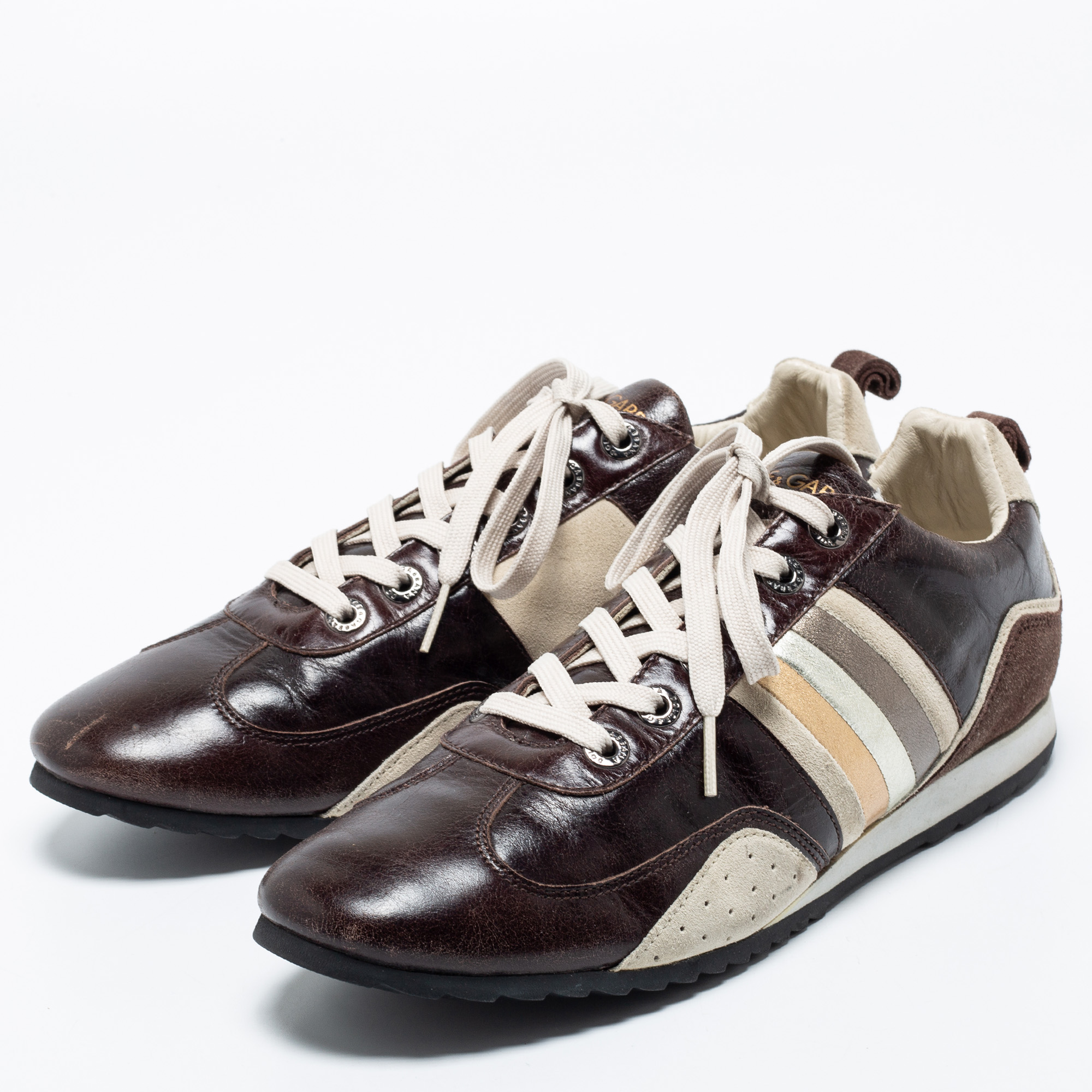 

Dolce & Gabbana Brown Leather and Suede Lace Up Low Top Sneakers Size