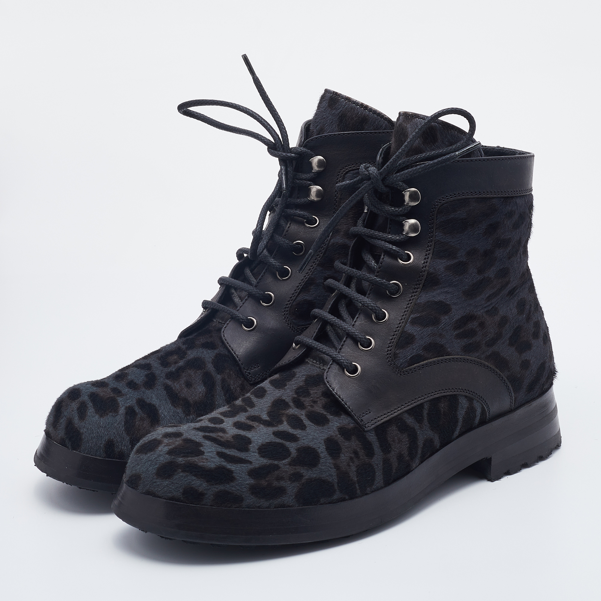 

Dolce & Gabbana Grey/Black Leopard Print Calf Hair And Leather Combat Boots Size