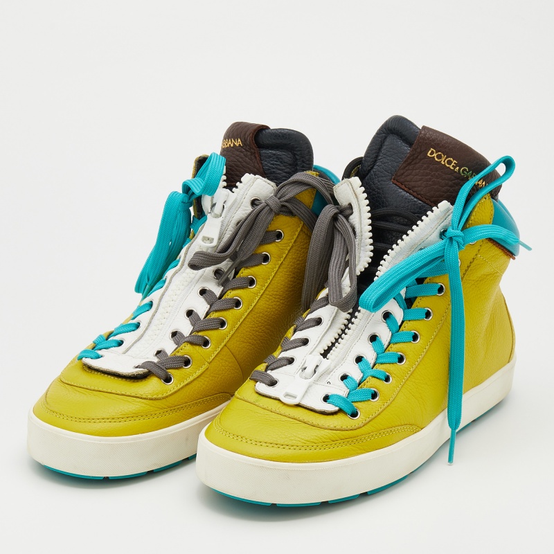 

Dolce & Gabbana Yellow/Blue Leather High Top Sneakers Size