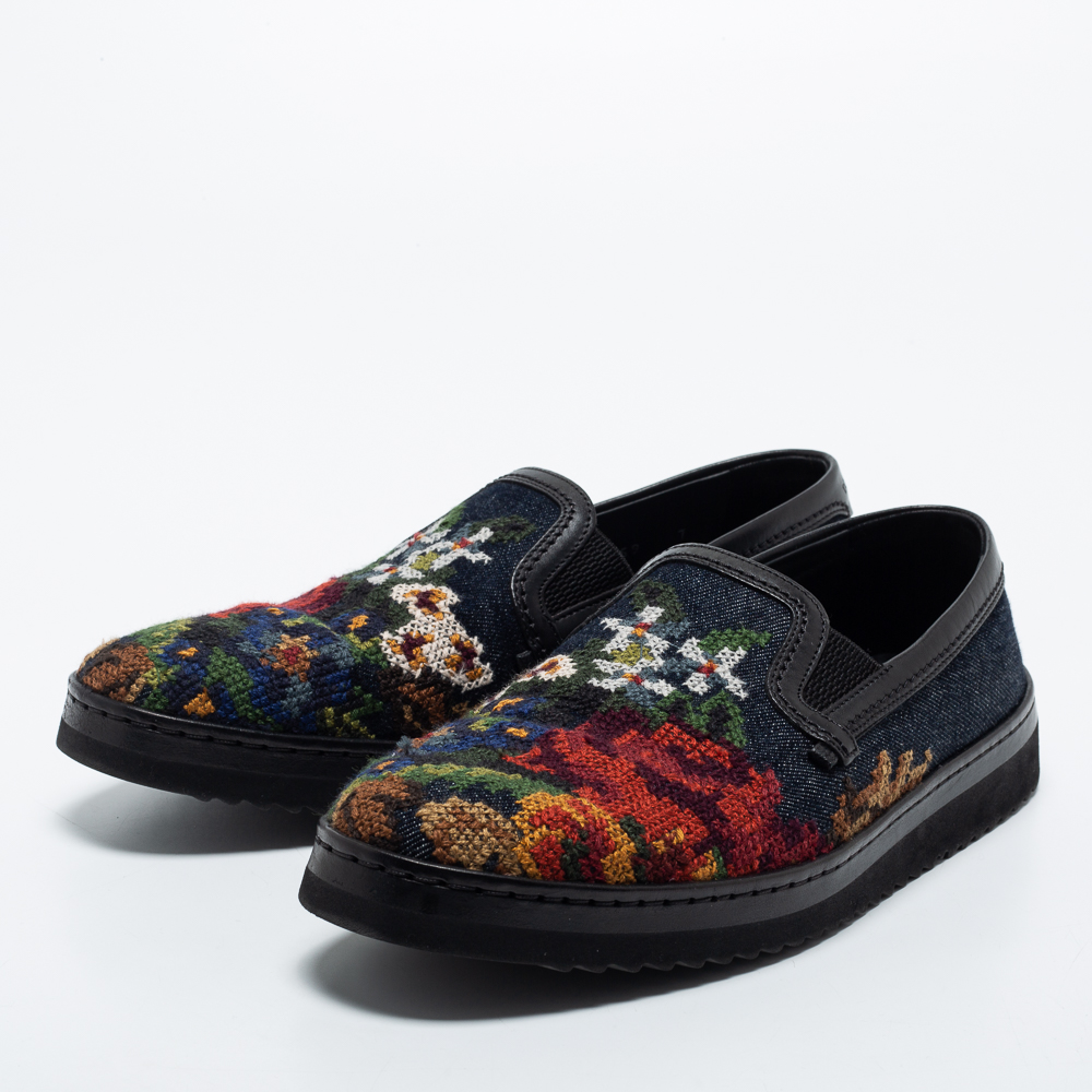 

Dolce & Gabbana Multicolor/Black Denim and Leather Embroidered Slip on Loafers Size