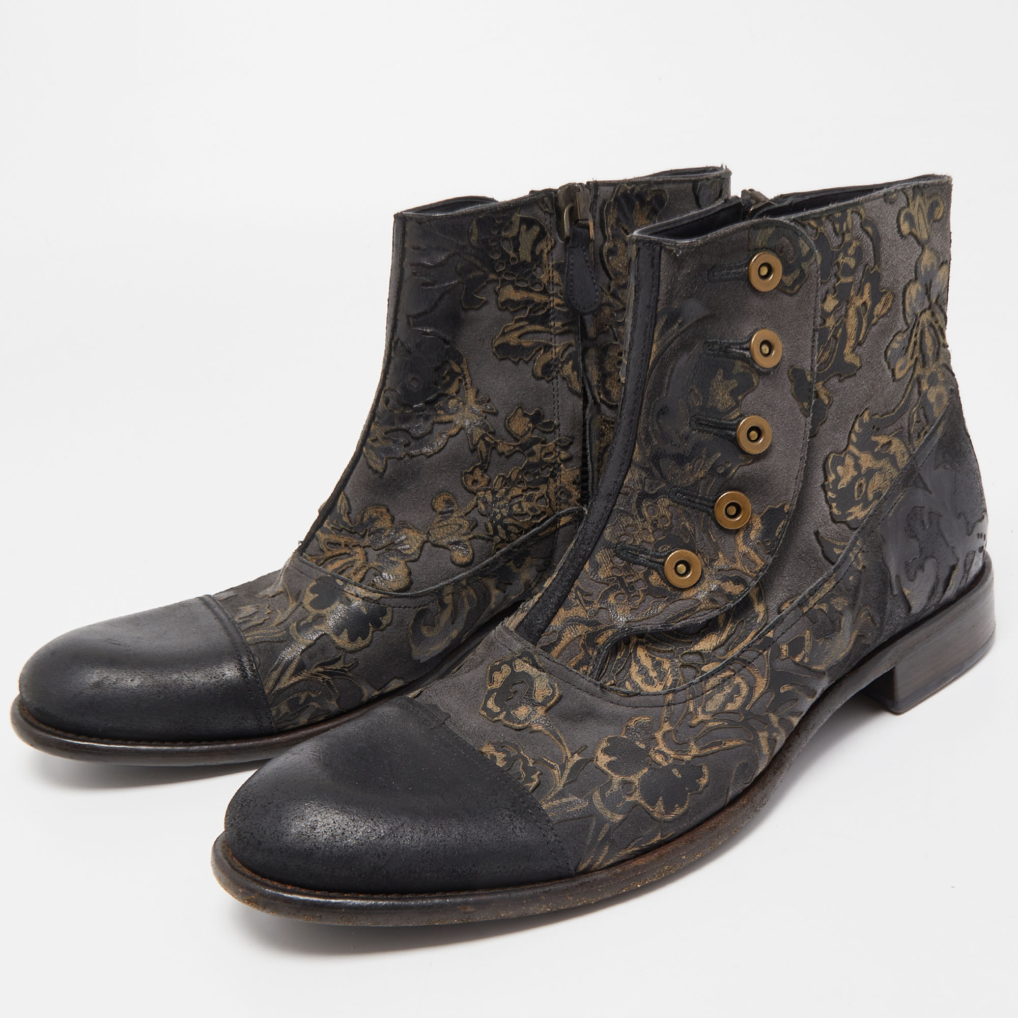 

Dolce & Gabbana Black/Grey Nubuck Floral Leather Ankle Boots Size
