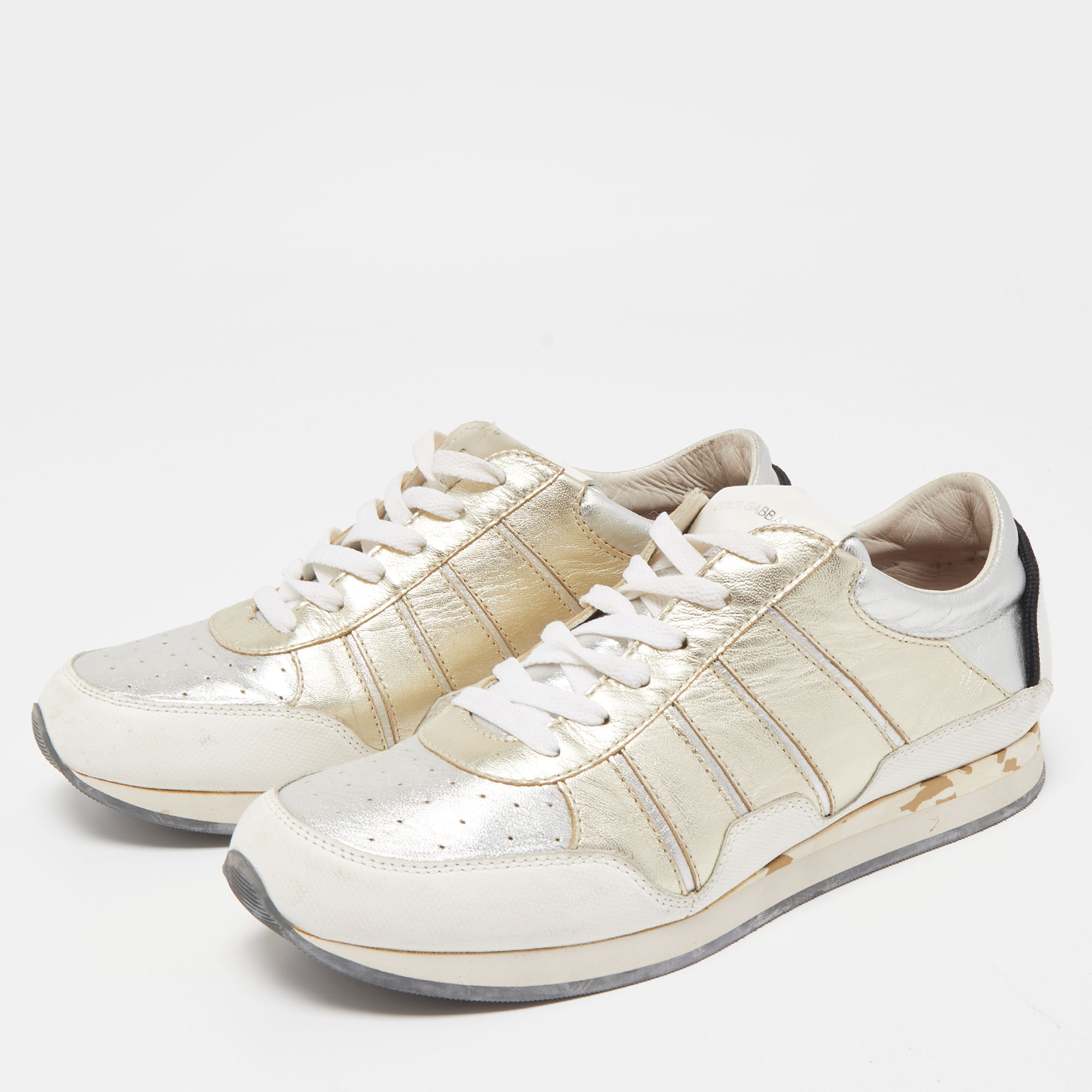 

Dolce & Gabbana Silver/Gold Leather Low Top Sneakers Size