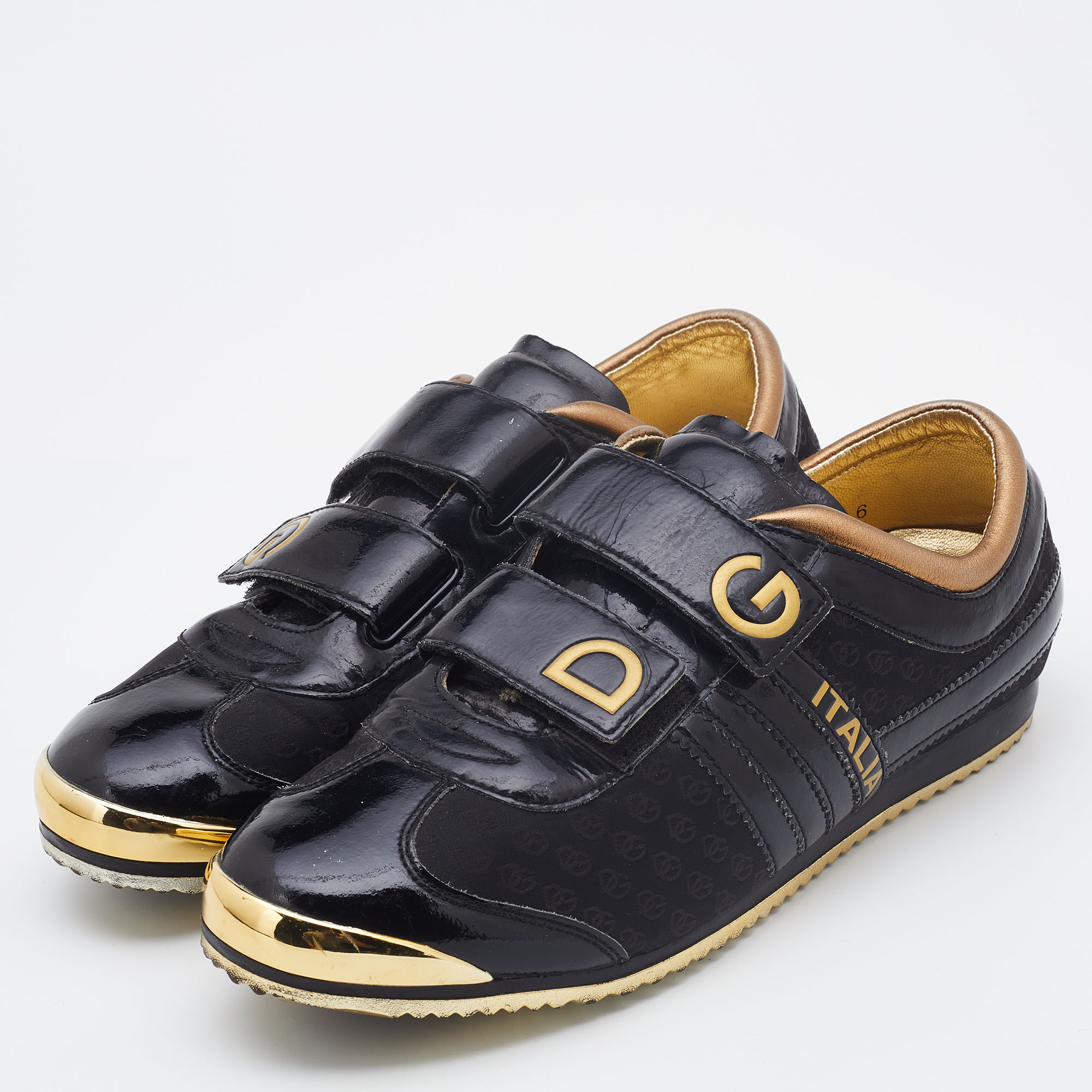 

Dolce & Gabbana Black/Gold Patent Leather and Fabric DG Low Top Sneakers Size