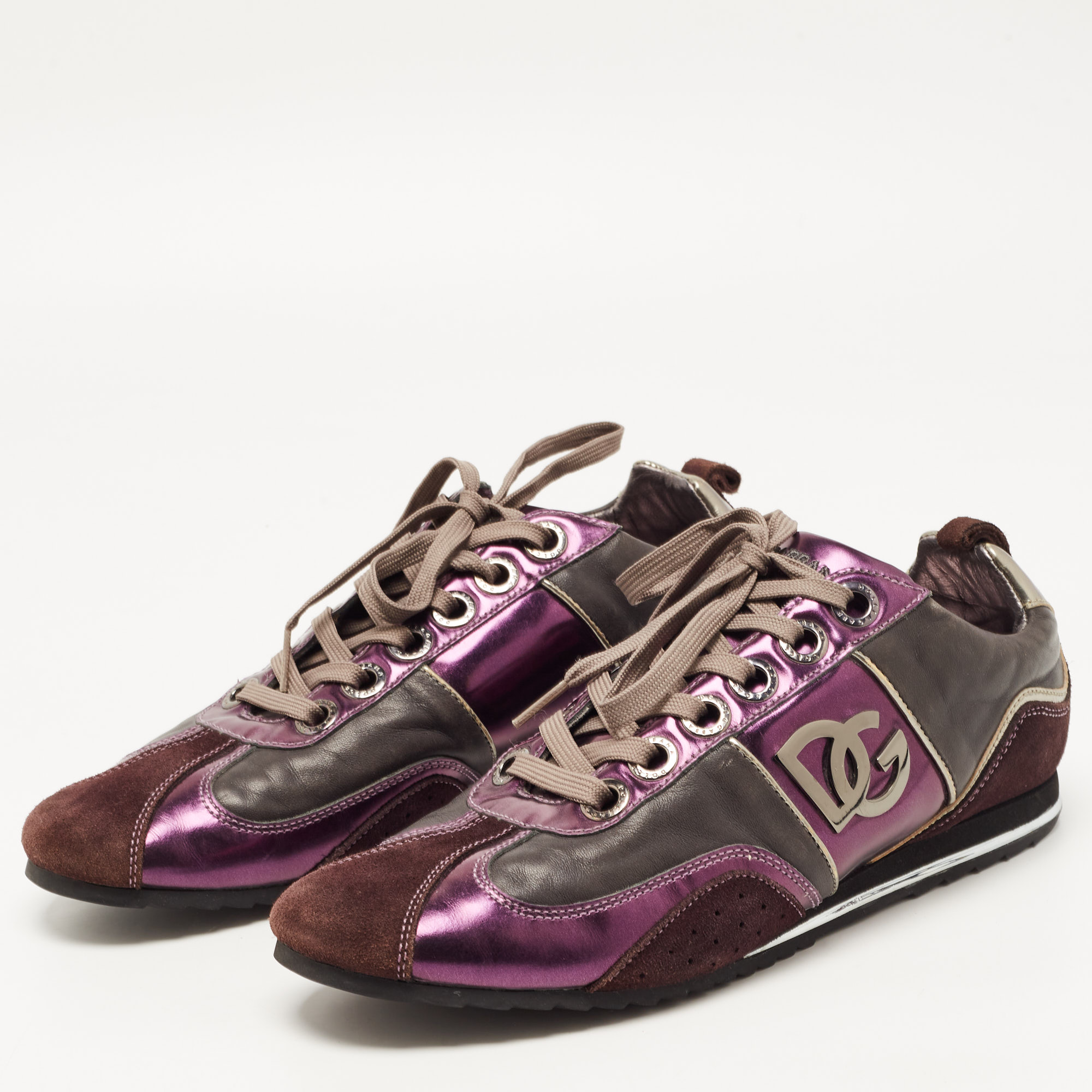 

Dolce & Gabbana Purple/Grey Leather and Suede DG Buckle Low Top Sneakers Size