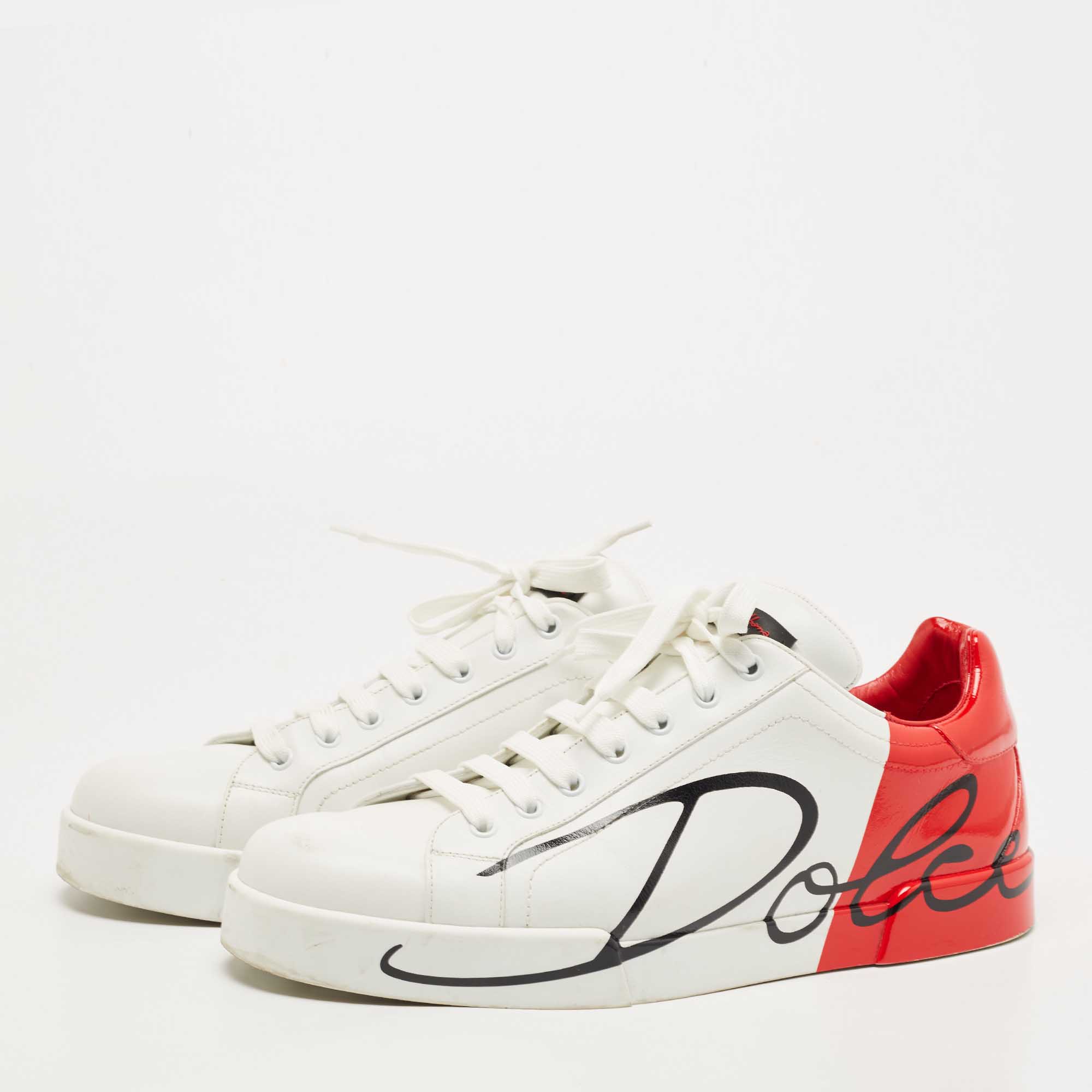 

Dolce & Gabbana White/Red Leather and Patent Logo Print Portofino Sneakers Size