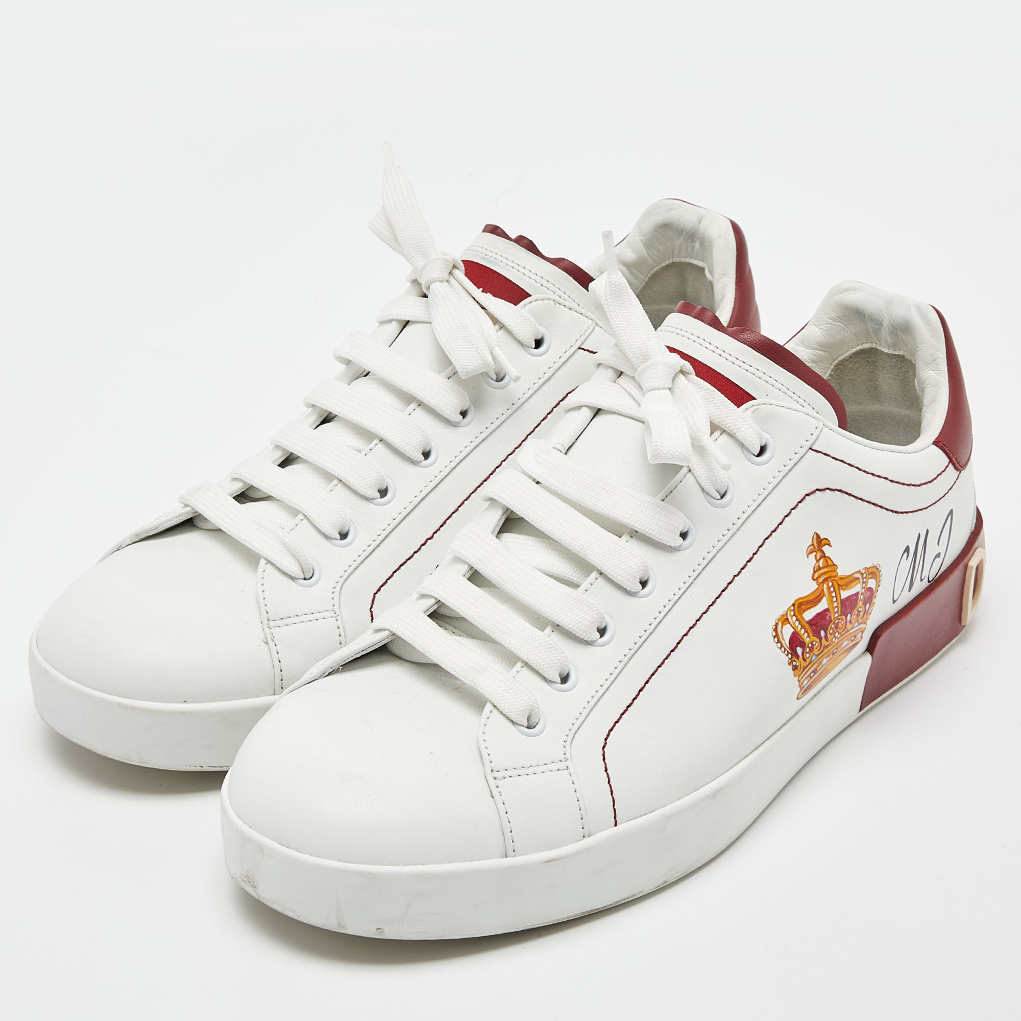 

Dolce & Gabbana White/Dark Red Leather Crown Print Portofino Sneakers Size