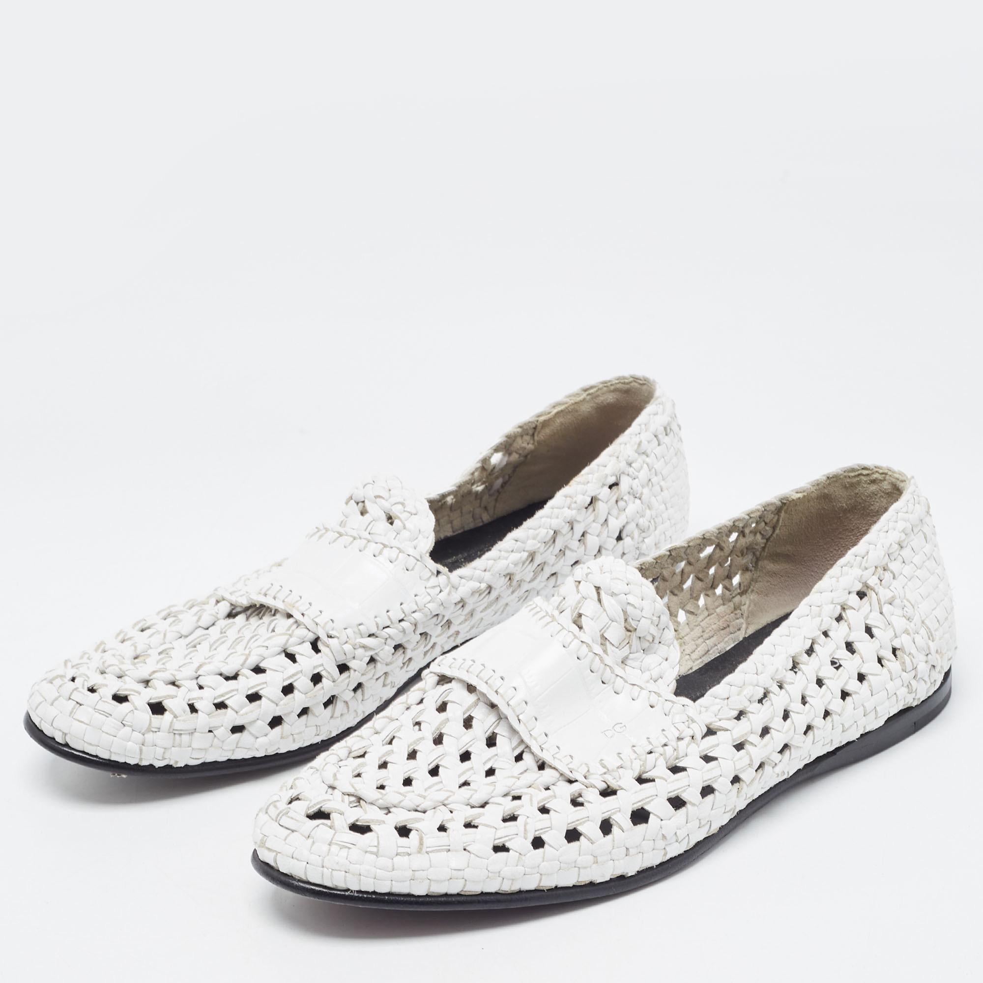 

Dolce and Gabbana White Woven Leather Slip On Loafers Size