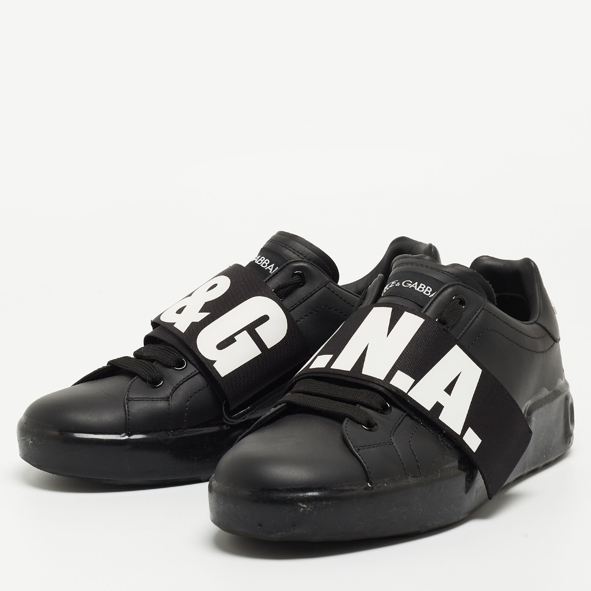 

Dolce & Gabbana Black Leather Elastic Logo Low Top Sneakers Size