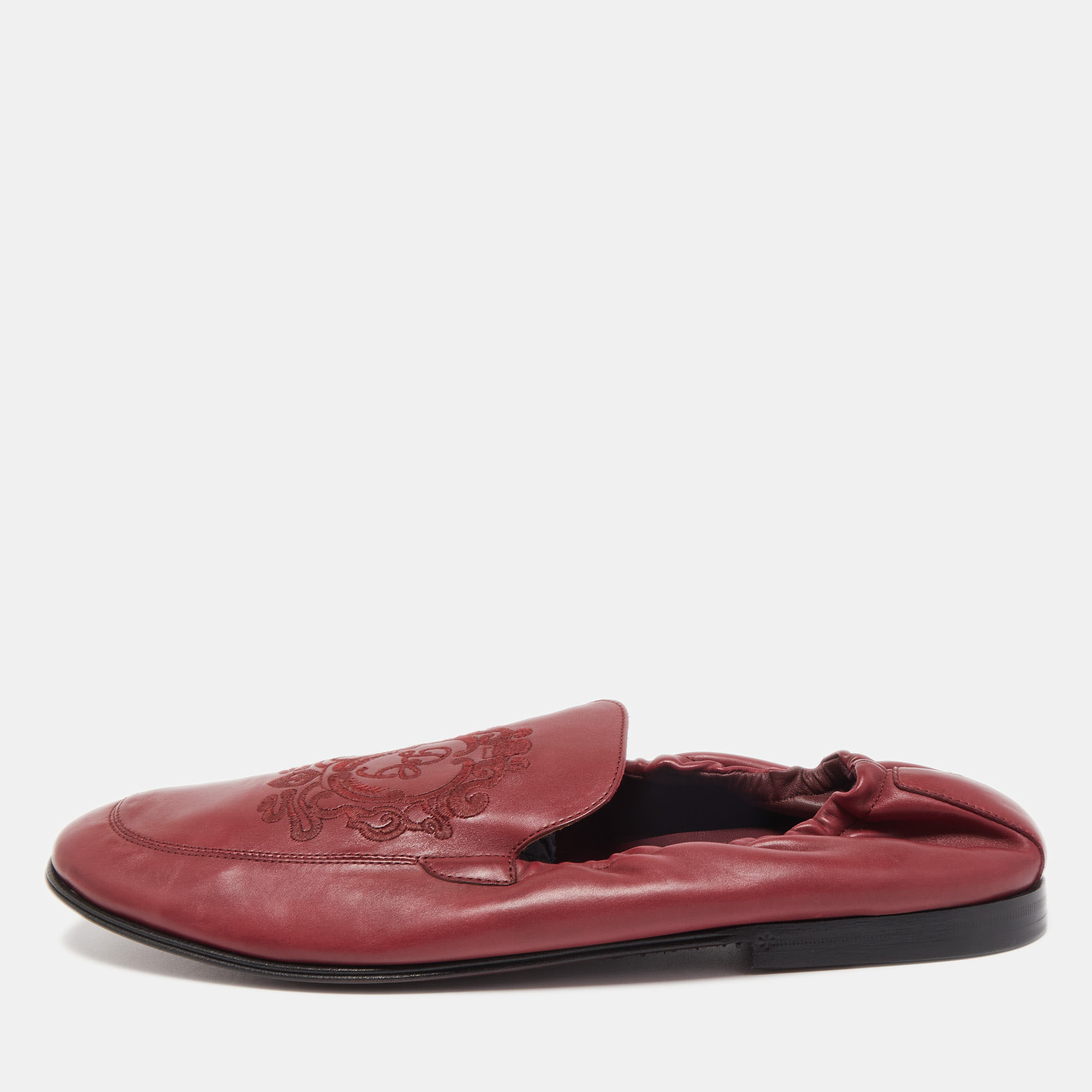 

Dolce & Gabbana Burgundy Embroidered Leather Scrunch Smoking Slippers Size