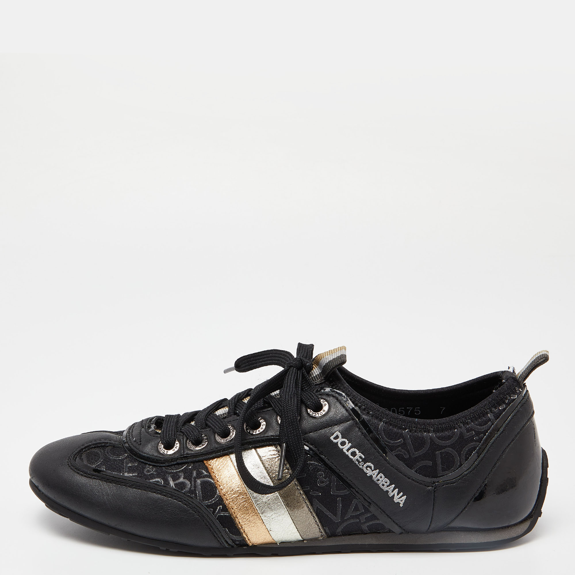 Pre-owned Dolce & Gabbana Black Leather And Fabric Logo Lace Up Sneakers Size 41