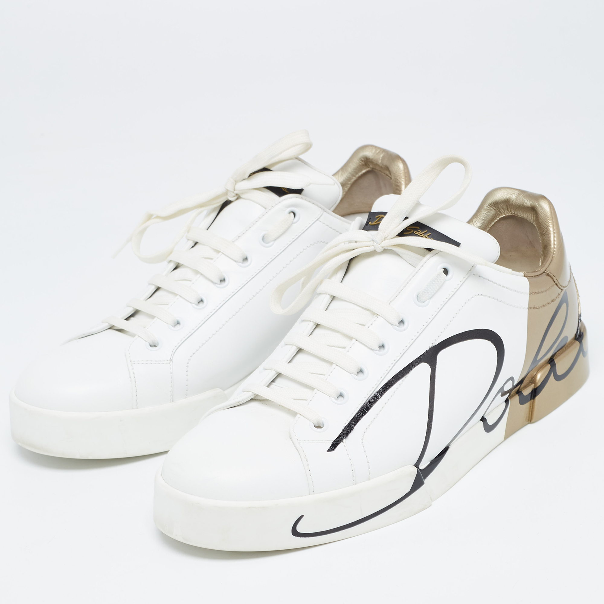 

Dolce and Gabbana White/Gold Logo Print Leather and Patent Portofino Sneakers Size