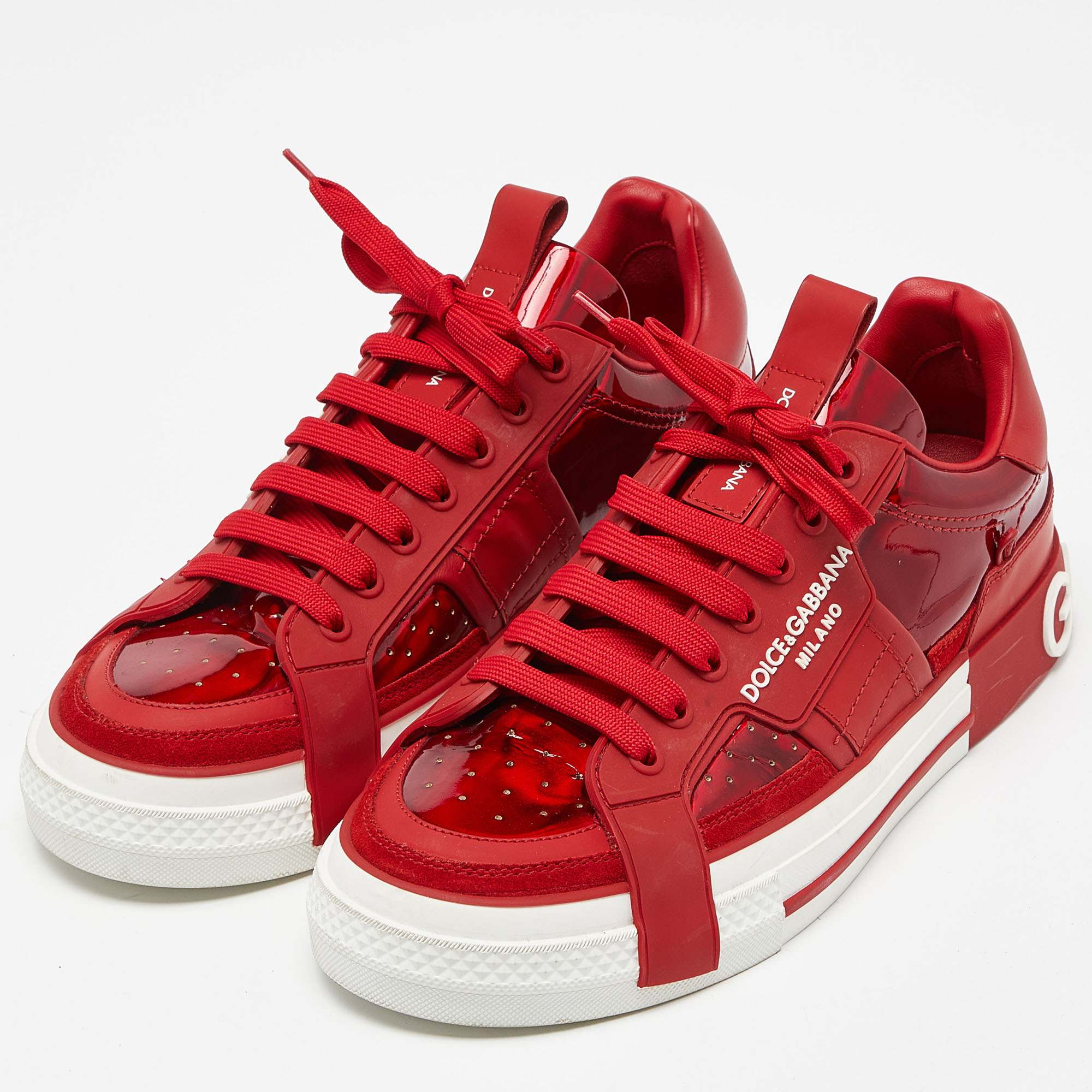 

Dolce & Gabbana Red Leather and PVC Custom 2.Zero Sneakers Size
