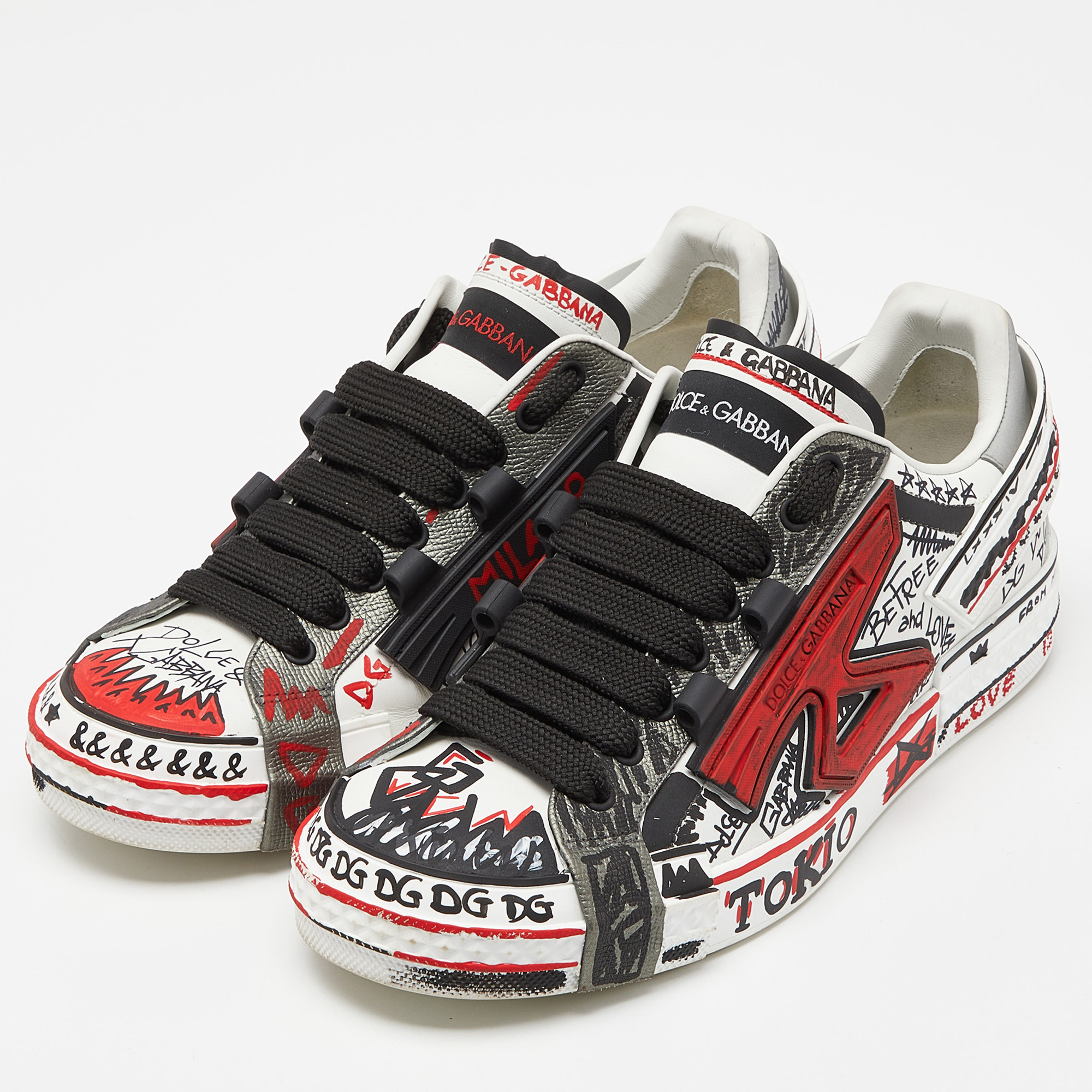 

Dolce & Gabbana Tricolor Leather Graffiti Print Portofino Sneakers Size, White
