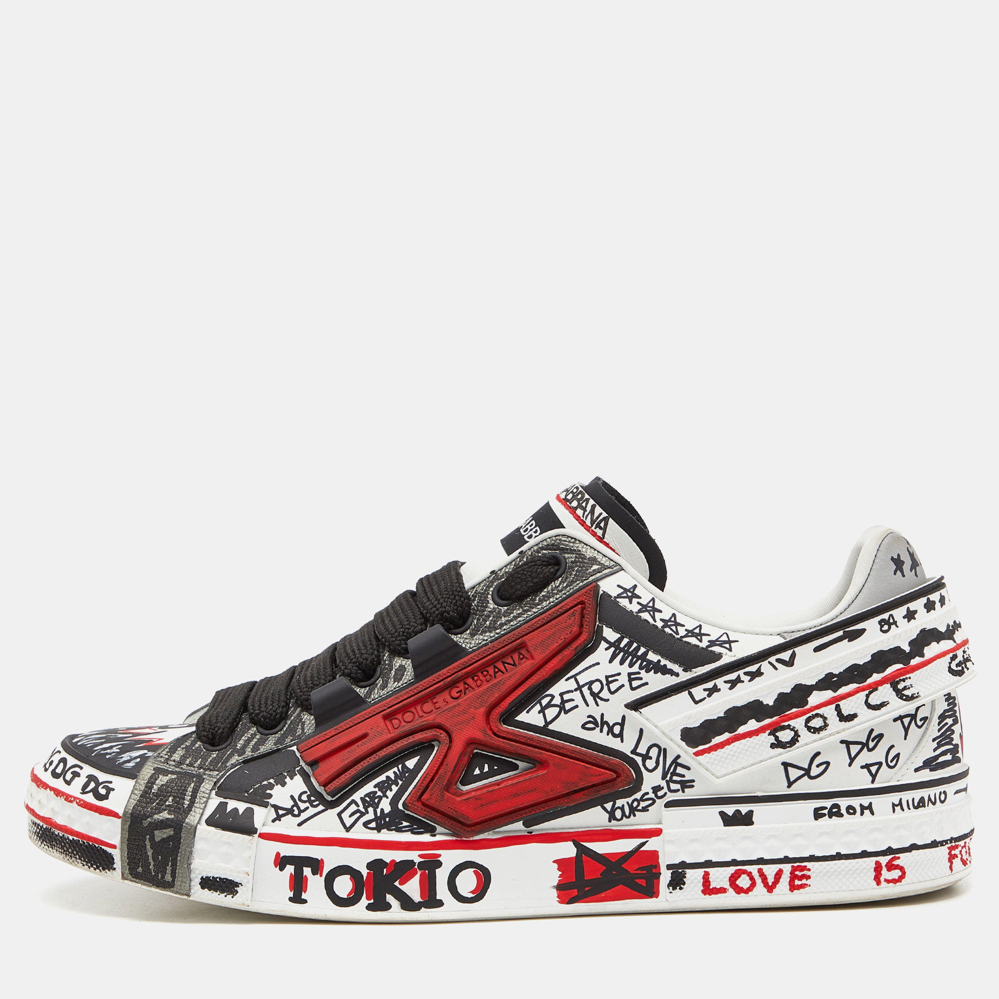 Pre-owned Dolce & Gabbana Tricolor Leather Graffiti Print Portofino Sneakers Size 43 In White