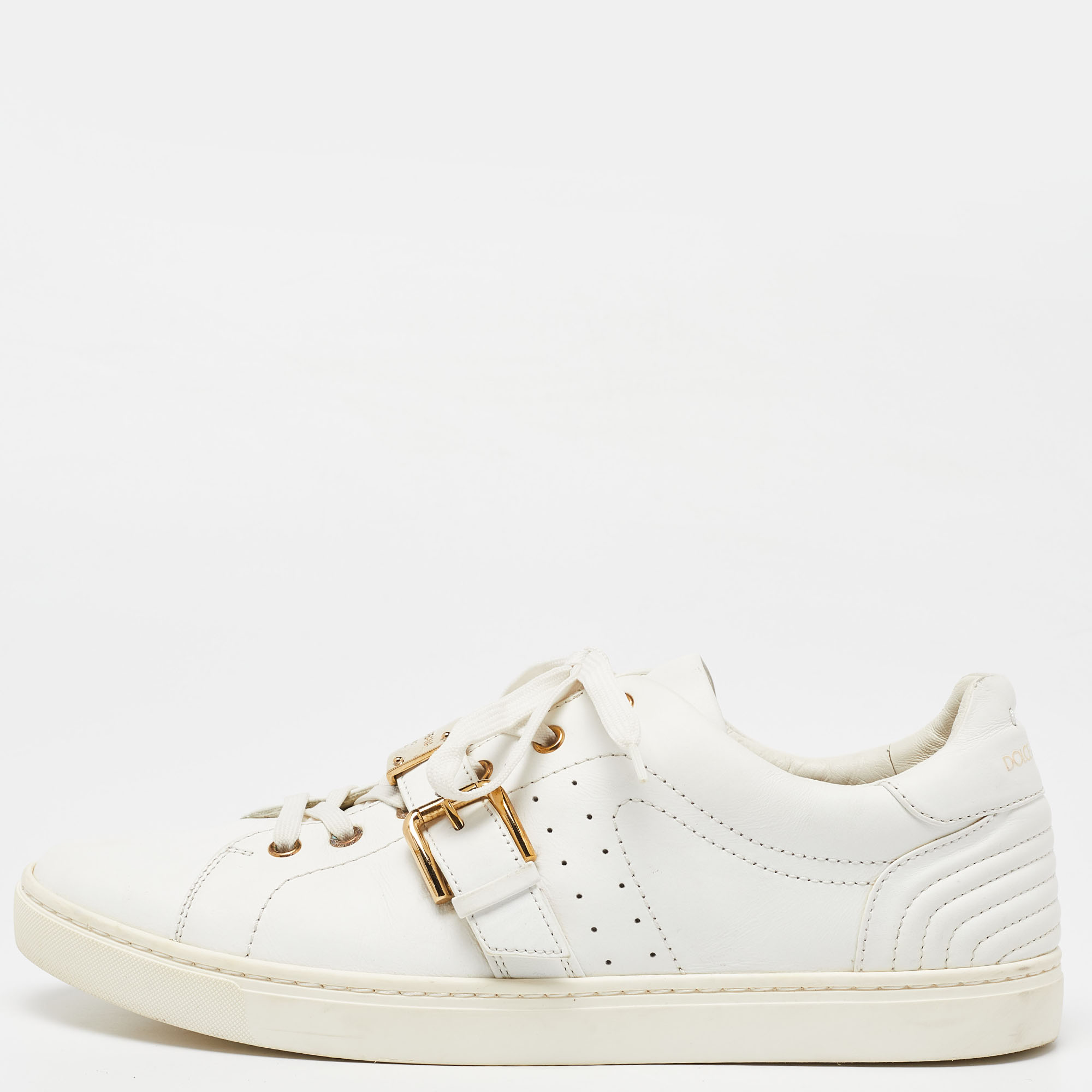 

Dolce and Gabbana White Leather Buckle Detail Low Top Sneakers Size