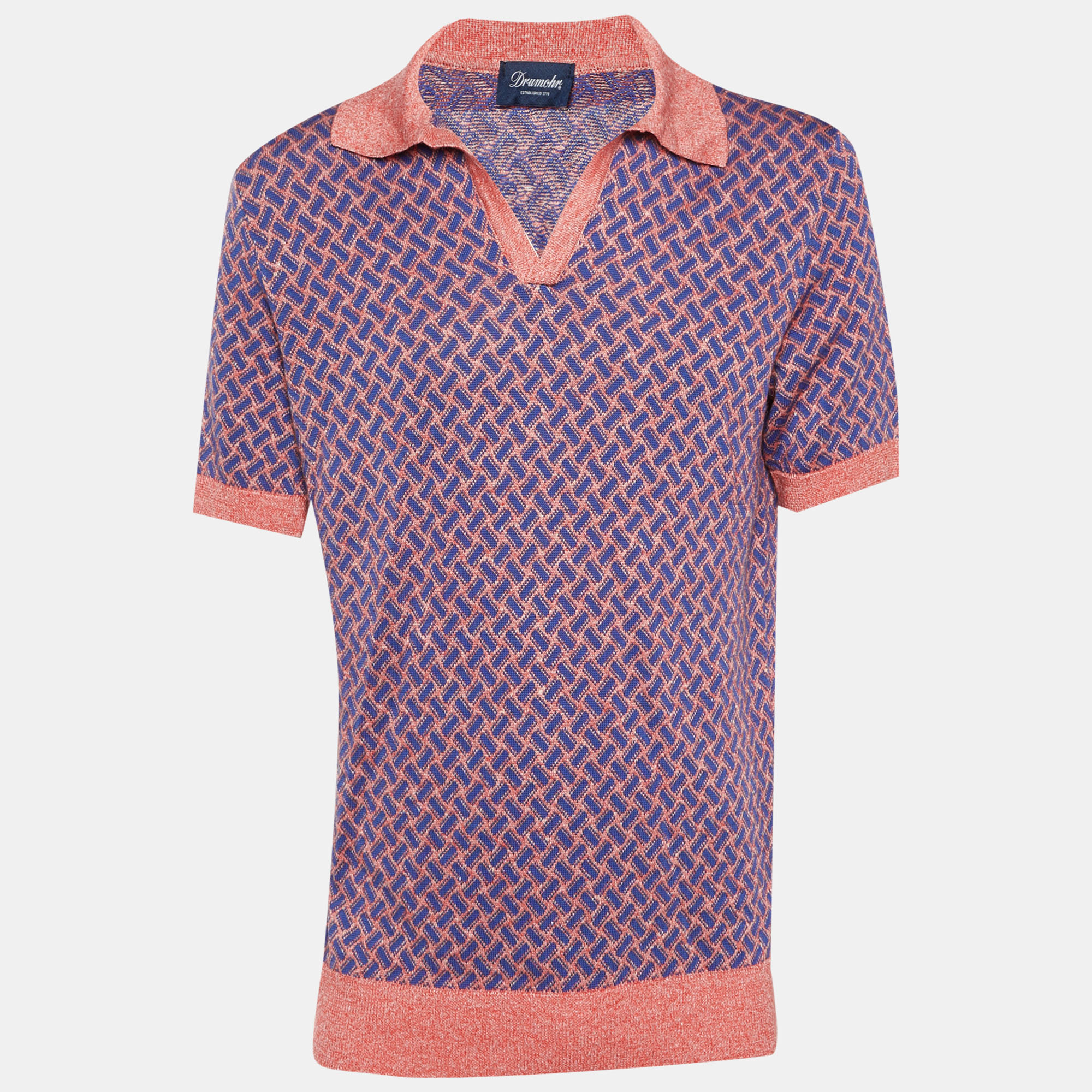 

Drumohr Orange/Blue Cotton & Linen Knit Polo T-Shirt L