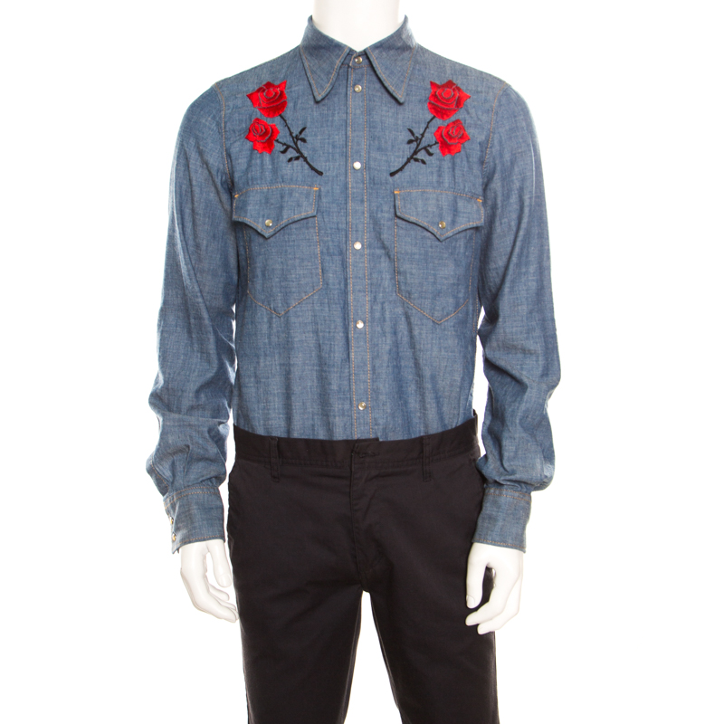 Pre Owned Dsquared2 Indigo Chambray Embroidered Rose Detail Slim Fit Shirt L