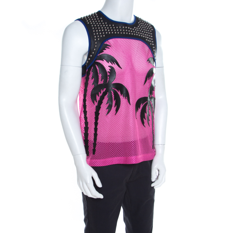 

Dsquared2 Pink Mesh Palm Applique Studded Leather Trim Vest