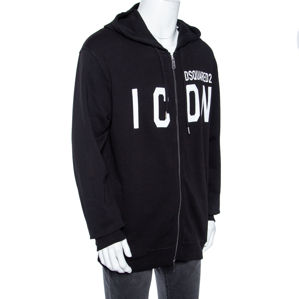 

Dsquared2 Black Icon Logo Printed Cotton Zip Front Hooded Jacket