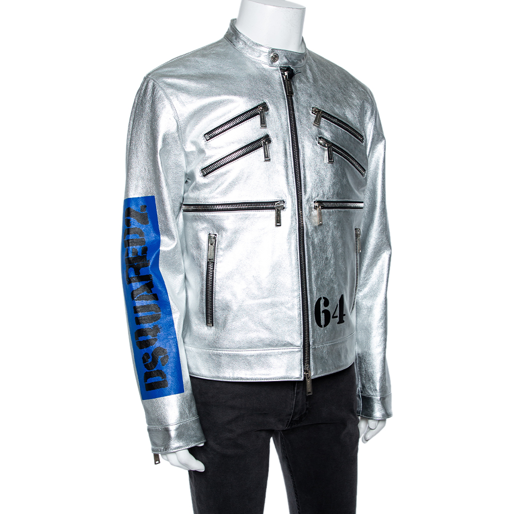 

Dsquared2 Silver Printed Leather Zip Front Jacket