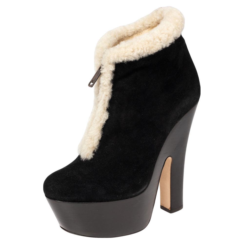 

Dsquared2 Black/White Suede And Shearling Zip Platform Ankle Boots Size