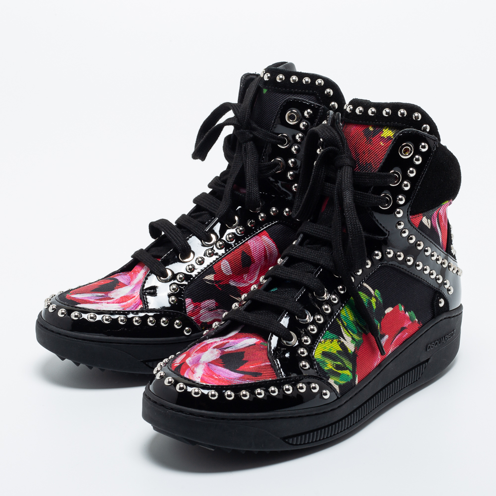 

Dsquared2 Multicolor Floral Print Canvas And Patent Leather Studded High Top Sneakers Size, Black