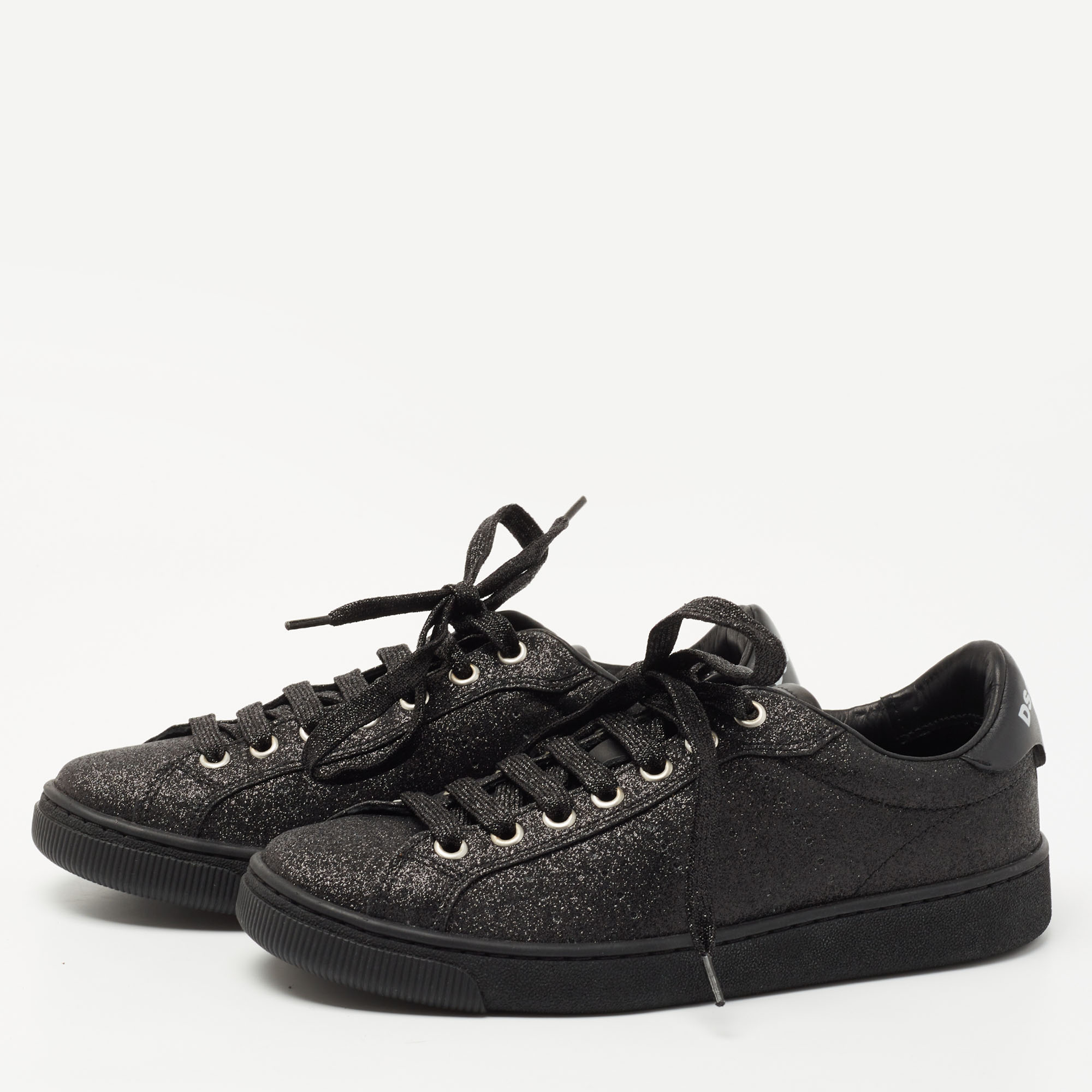 

Dsqaured2 Black Glitter and Leather Low Top Sneakers Size