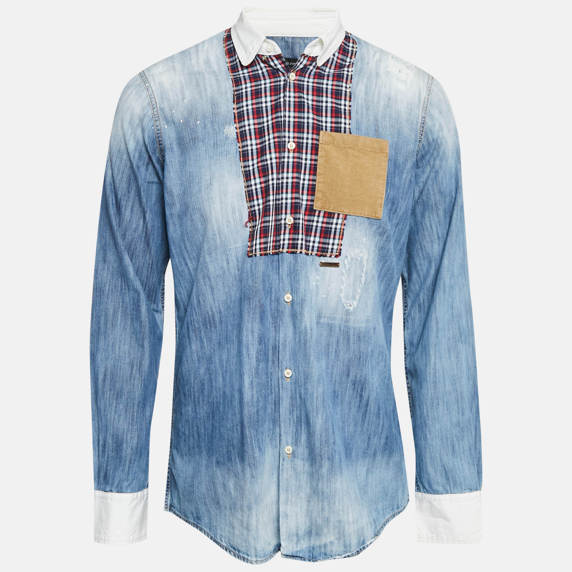 

Dsquared2 Blue Corduroy Pocket Denim Patch Detail Shirt L