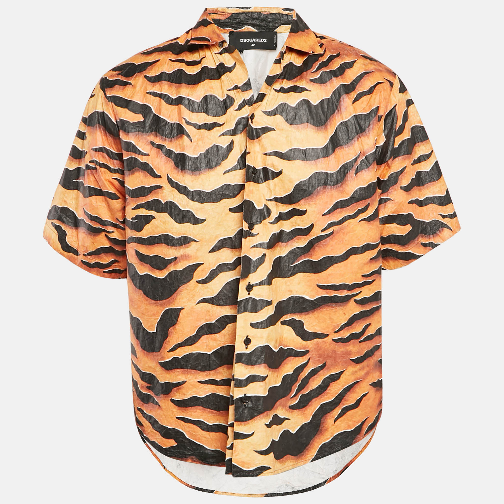 

Dsquared2 Orange/Black Tiger Print Synthetic Button Front Shirt XL