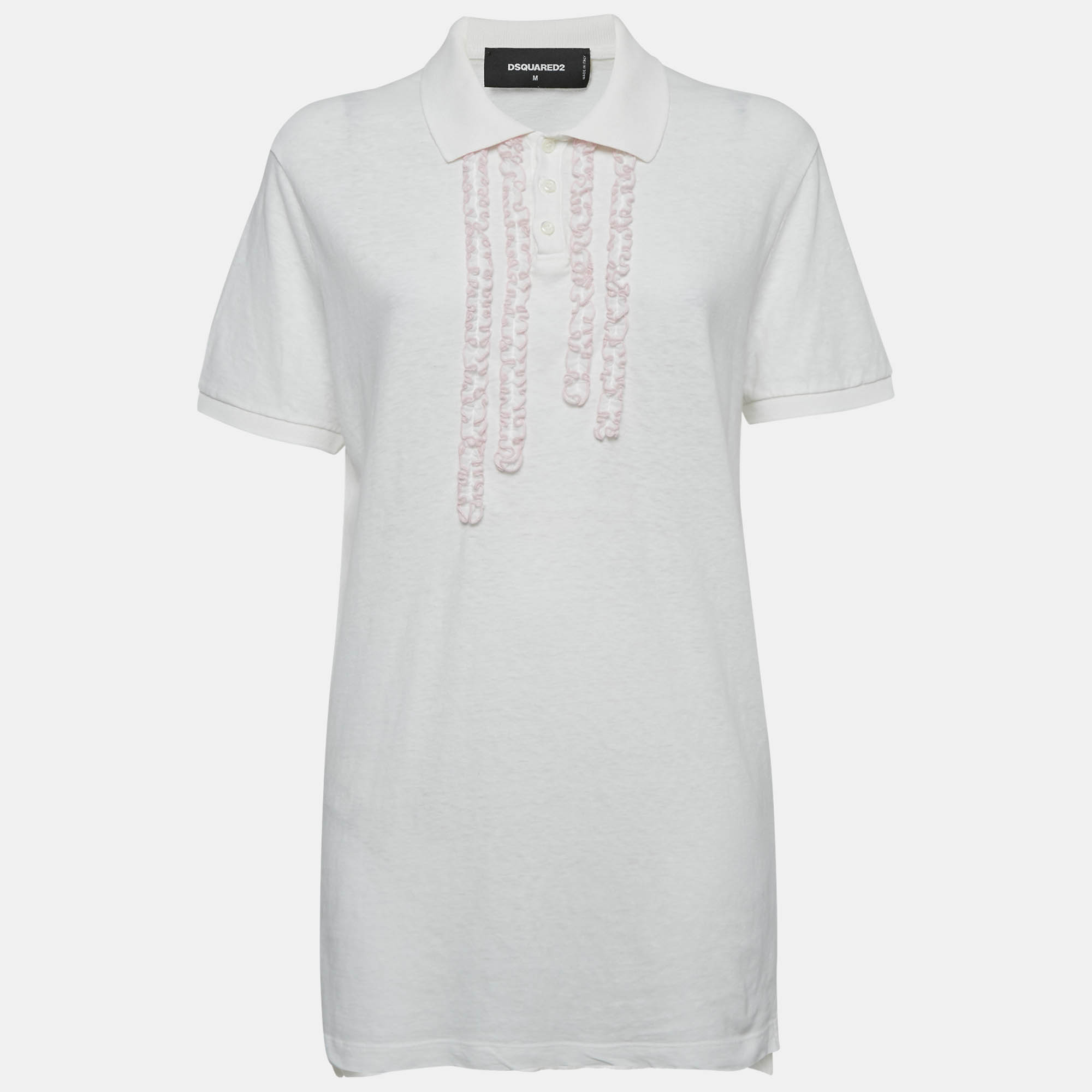 

Dsquared2 White Cotton Ruffle Detail Polo T-Shirt M