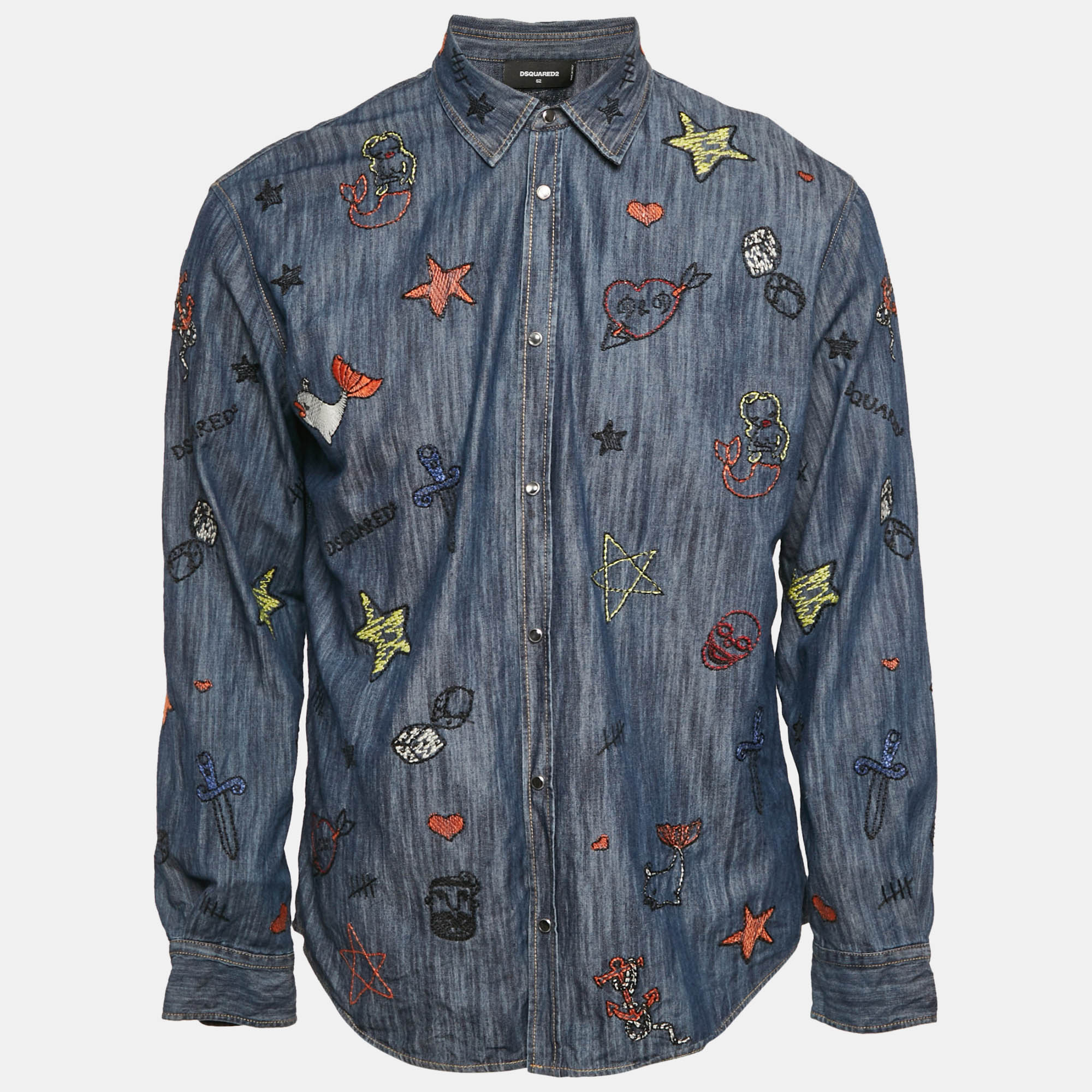 

Dsquared2 Blue Embroidered Chambray Long Sleeve Shirt XL