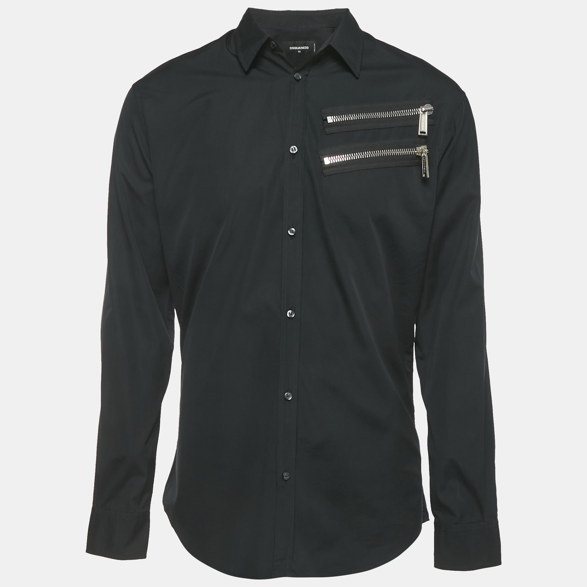 Dsquared2 Black Cotton Zipper Detail Cotton Shirt L