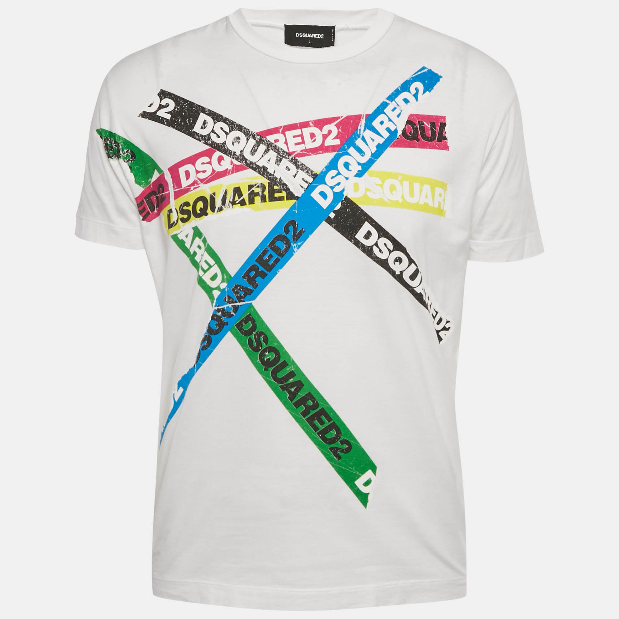 

Dsquared2 White Logo Tape Print Jersey T-Shirt L
