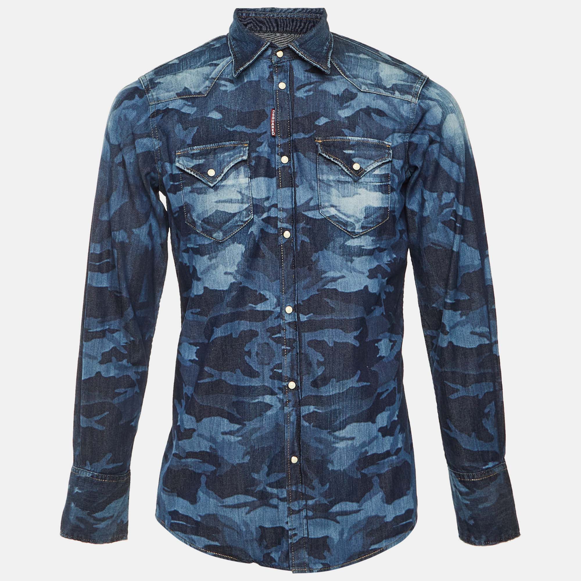 

Dsquared2 Blue Military Printed Denim Button Front Shirt M