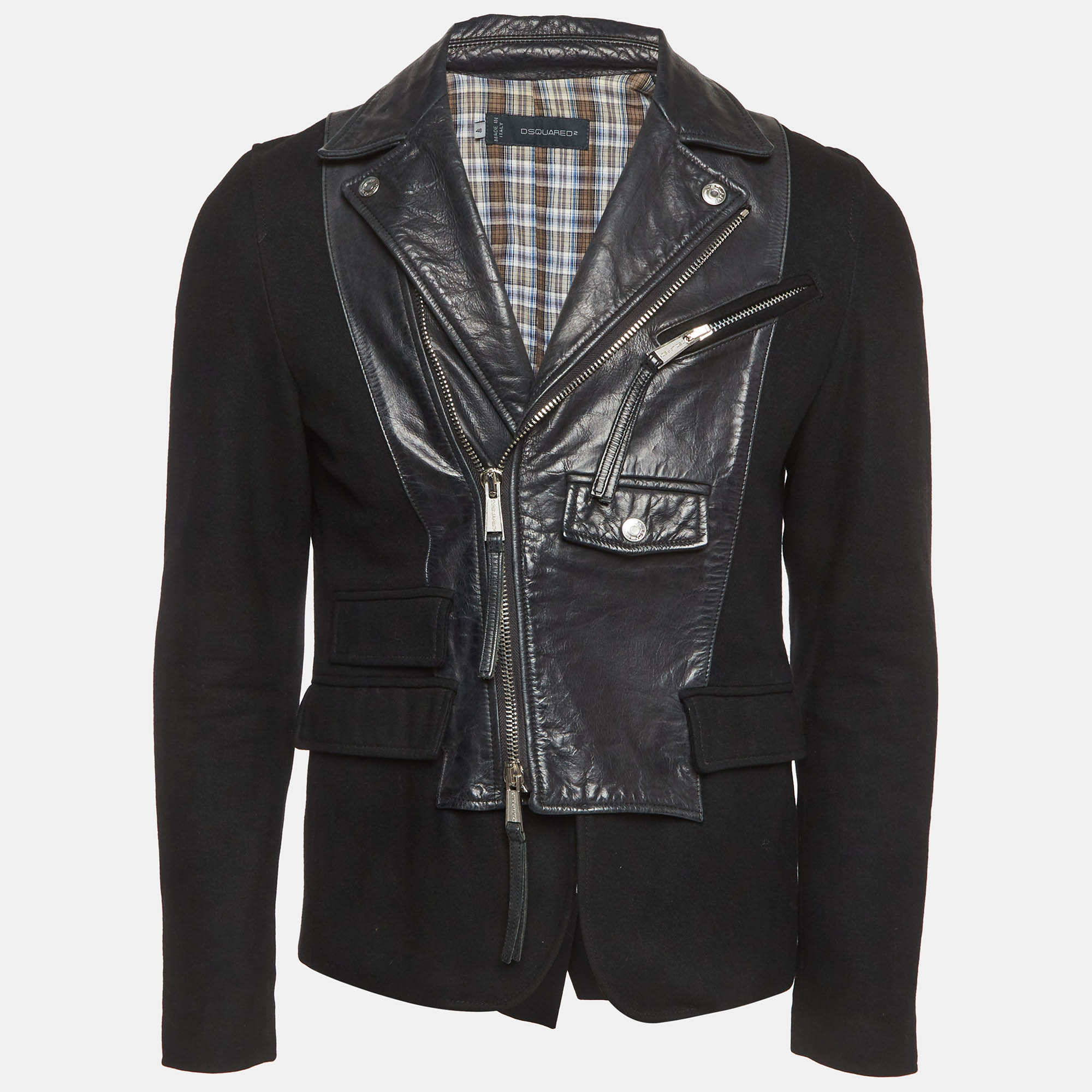 

Dsquared2 Black Leather and Wool Blend Zip Up Jacket M
