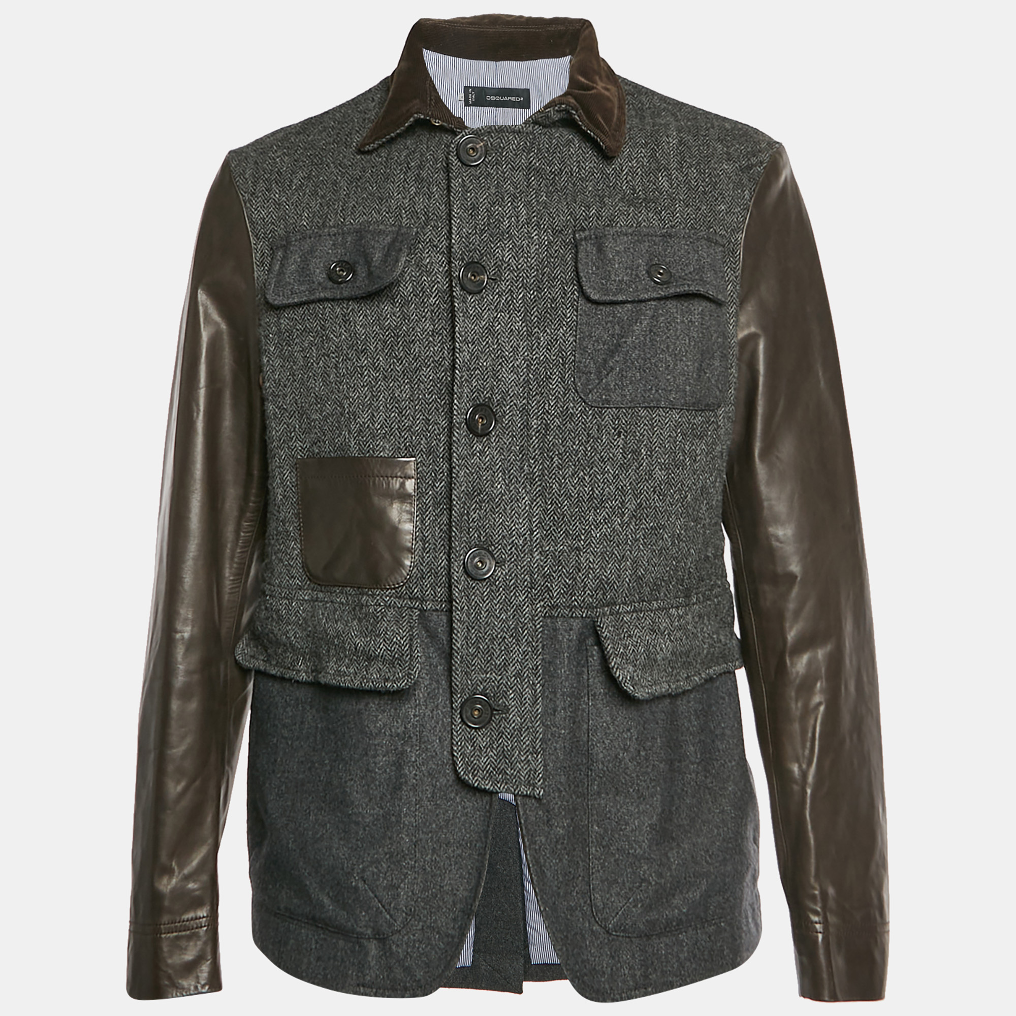 

Dsquared2 Grey/Brown Herringbone Wool and Leather Jacket XL