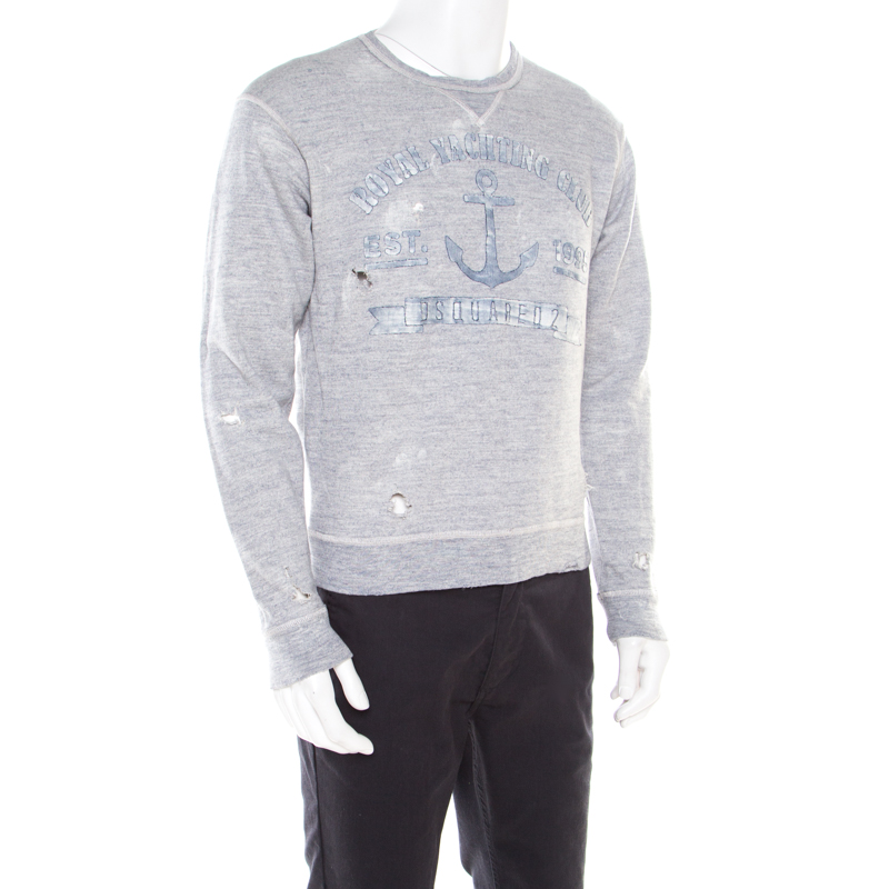 

Dsquared2 Grey Cotton Melange Crew Neck Distressed Sweatshirt