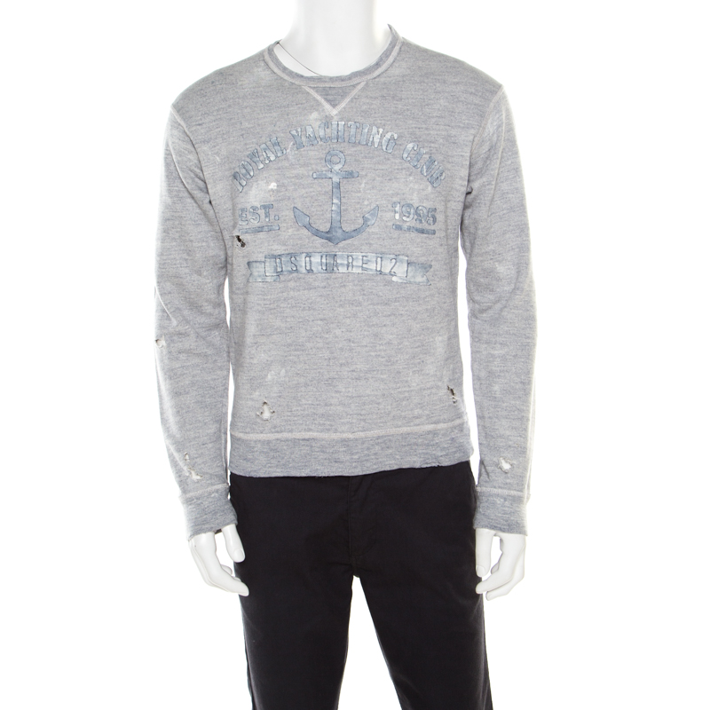 Dsquared2 Grey Cotton Melange Crew Neck Distressed Sweatshirt S