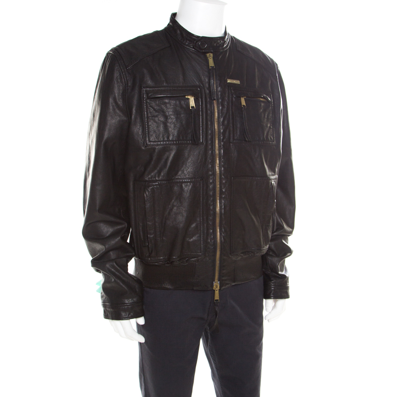 

Dsquared2 Black Goat Leather Zip Front Biker Jacket 3XL
