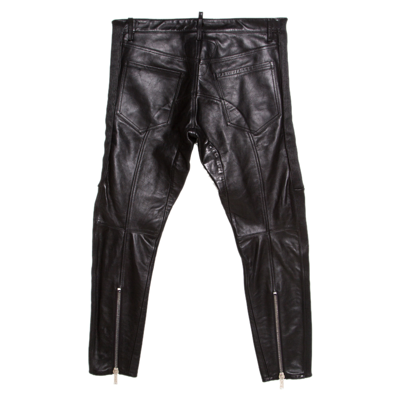 

Dsquared2 Black Calf Leather Ribbed Panel Detail Tapered Trousers