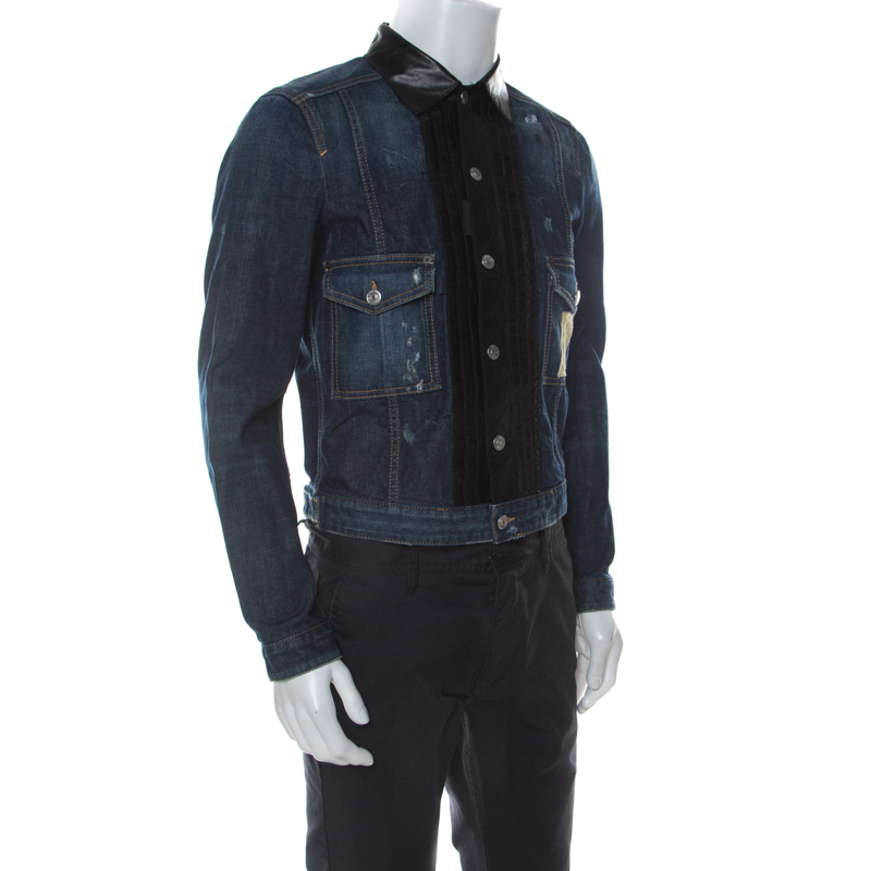 

Dsquared2 Blue Denim Distressed Detail Leather Trim Jacket