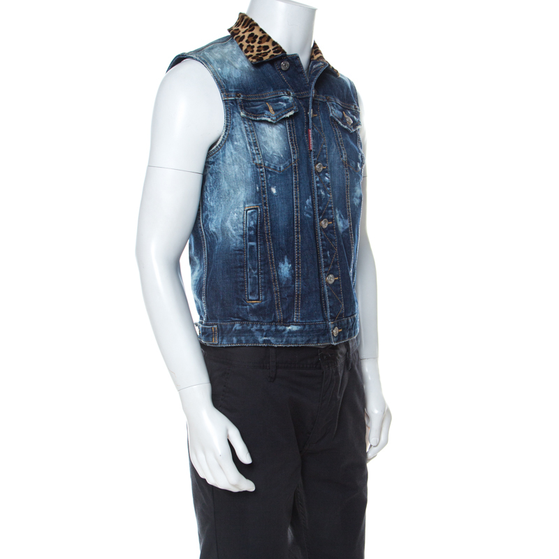 

Dsquared2 Blue Denim Distressed Detail Horsehair Collar Vest Jacket