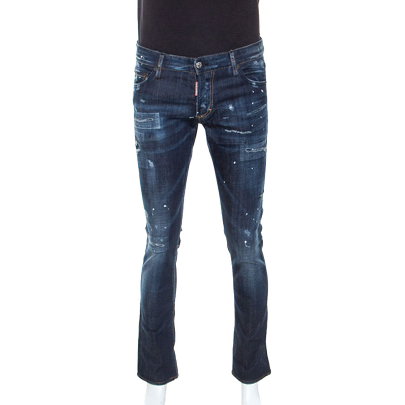 Pre Owned Dsquared2 Blue Distressed Denim Paint Splatter Detail Jeans L