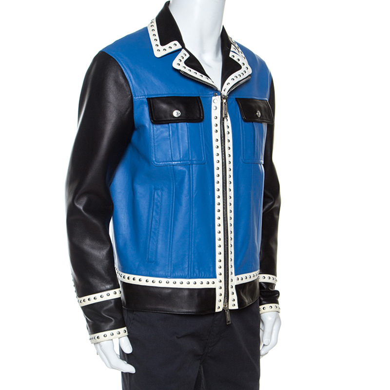 

Dsquared2 Blue Leather Contrast Detail Studded Zip Front Jacket