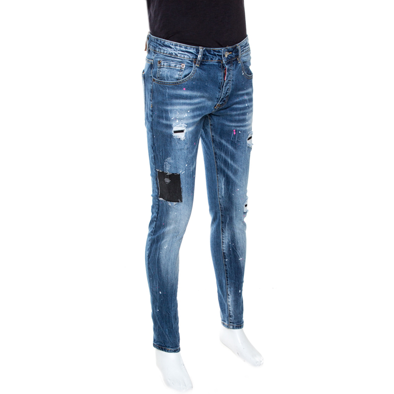

Dsquared2 Indigo Medium Wash Distressed Denim Patched Jeans, Blue