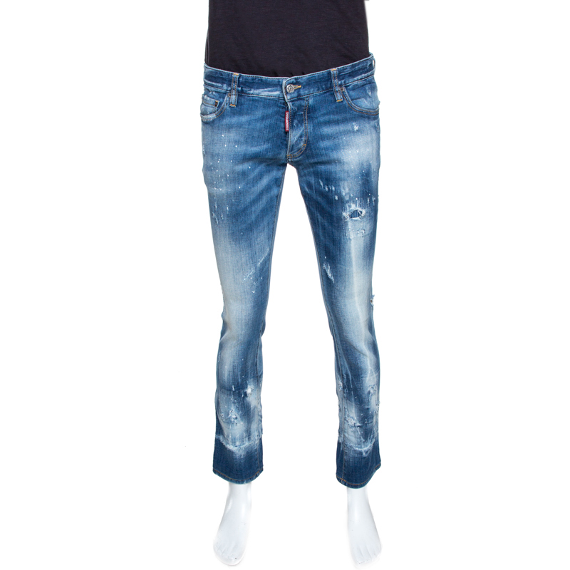 Dsquared2 Indigo Medium Wash Distressed Denim Slim Jeans L