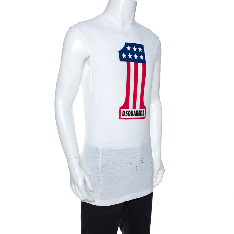 

Dsquared2 White Printed Cotton Distressed Long Cool Twisted T-Shirt