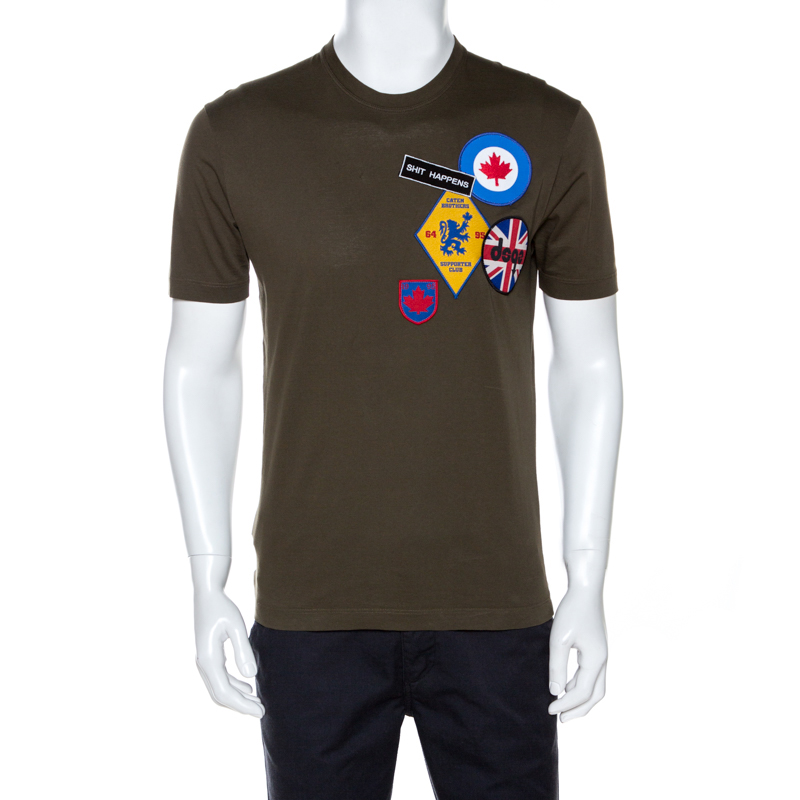 Pre Owned Dsquared2 Olive Green Cotton Applique Detail T-shirt M