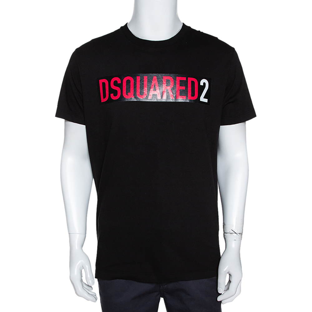 Pre Owned Dsquared2 Black Logo Print Cotton Jersey Crew Neck T-Shirt XL