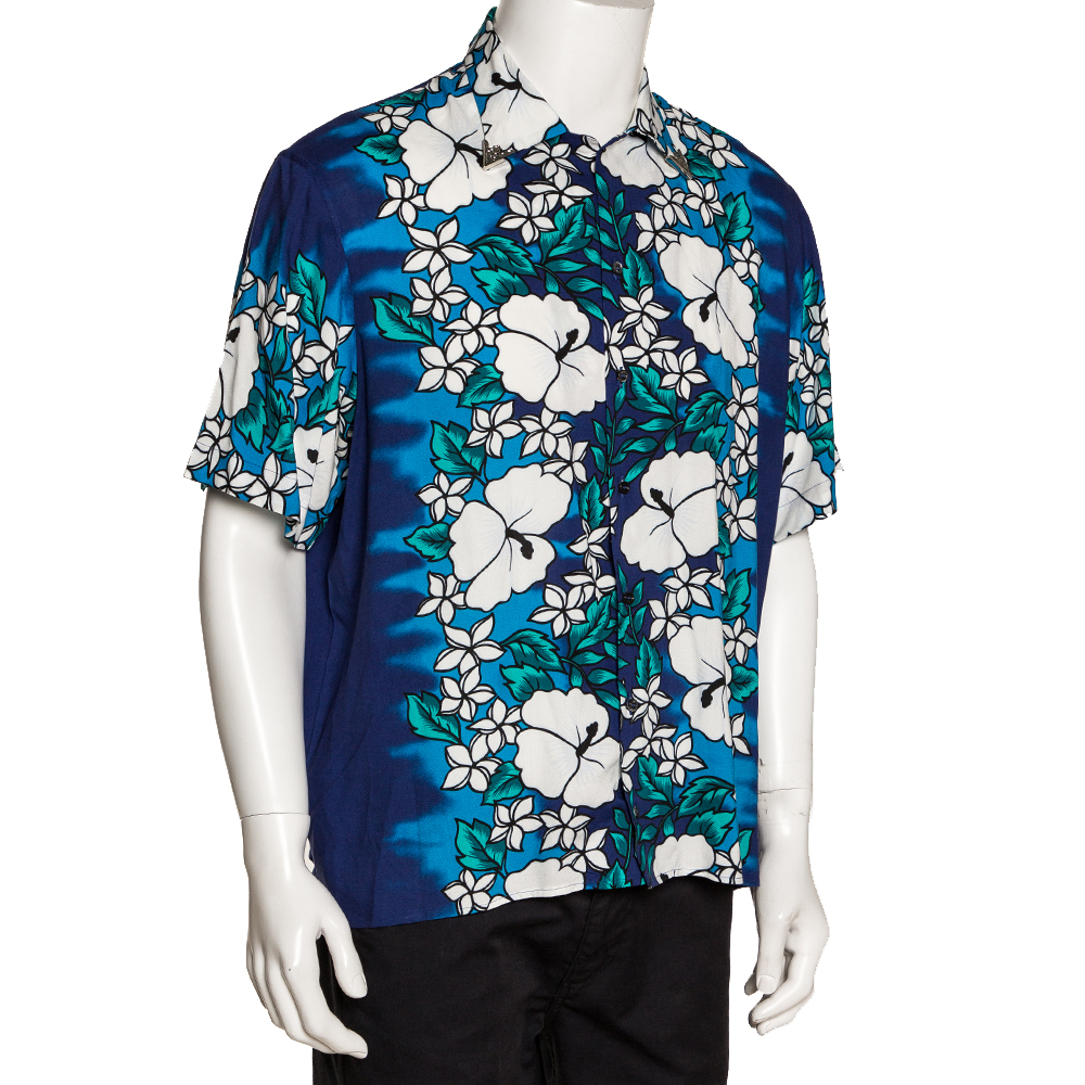 

Dsquared2 Blue Poplin Hawaiian Print Metal Collar Detail Shirt
